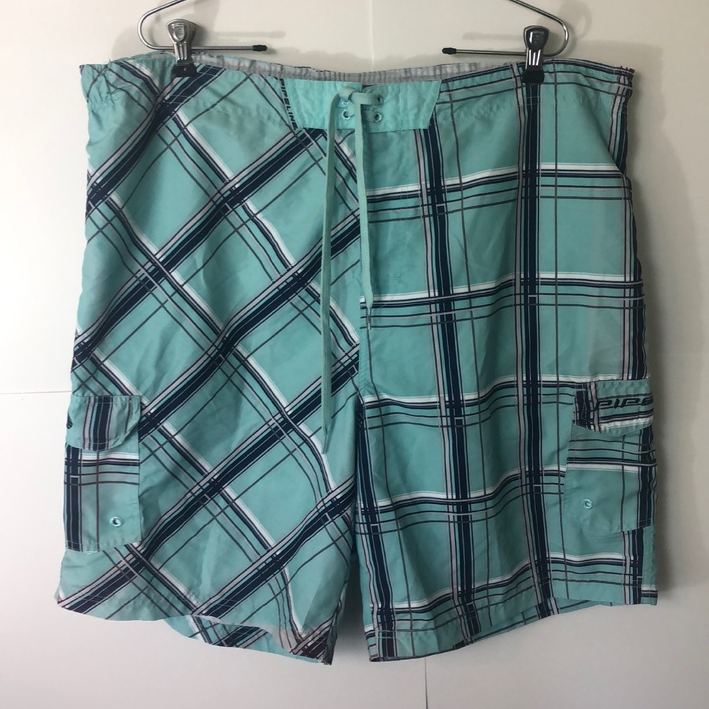 New Y2K Pipeline Swim Trunks size XXL teal striped lined shorts